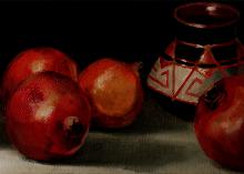 Still life with pomegranates and Georgian ceramics, 20 x 50 cm